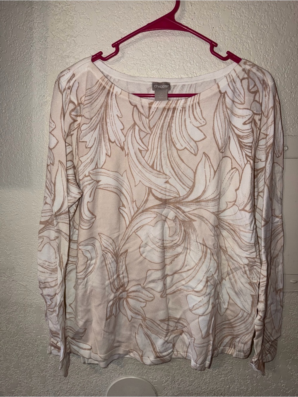 Chico's Cream and Tan Floral Long Sleeve Blouse